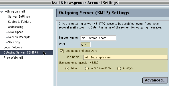 Outgoming Server Settings.  Use Authentication.